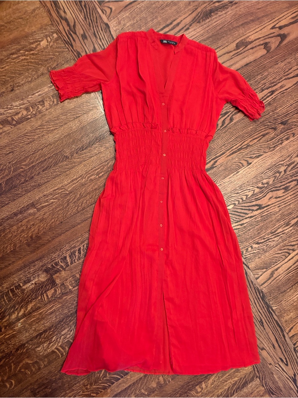 Zara Red Button-Front Midi Dress with Shirred Waist